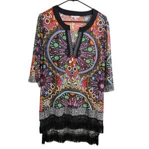 John Mark Mesh Tunic Top Womens Medium V Neck Colorful Printed Fringe Cover Up